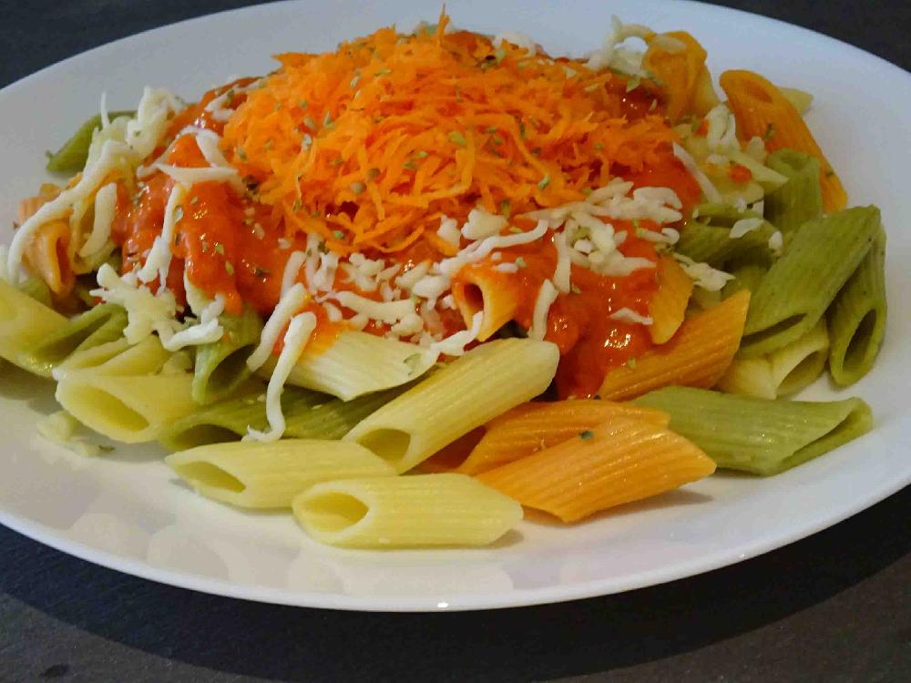 Pasta with ajvar relish and carrot sauce