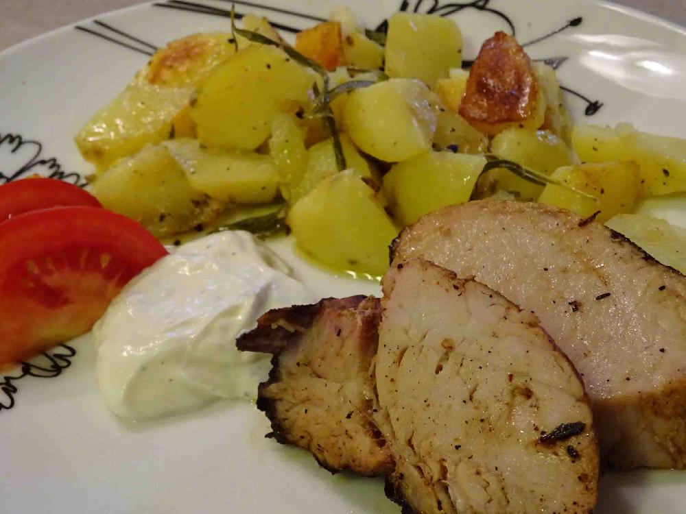 Grilled Potatoes and pork fillet picture
