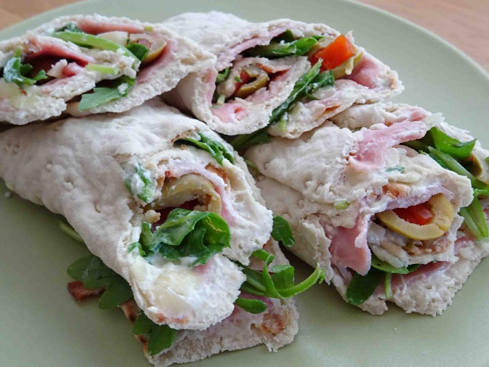 Swedish soft flatbread wraps with ham and olives