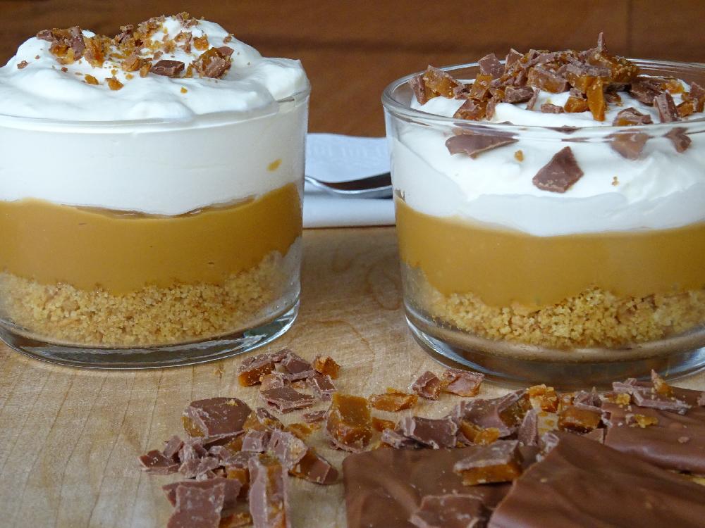 Triple layer caramel and biscuit dessert picture